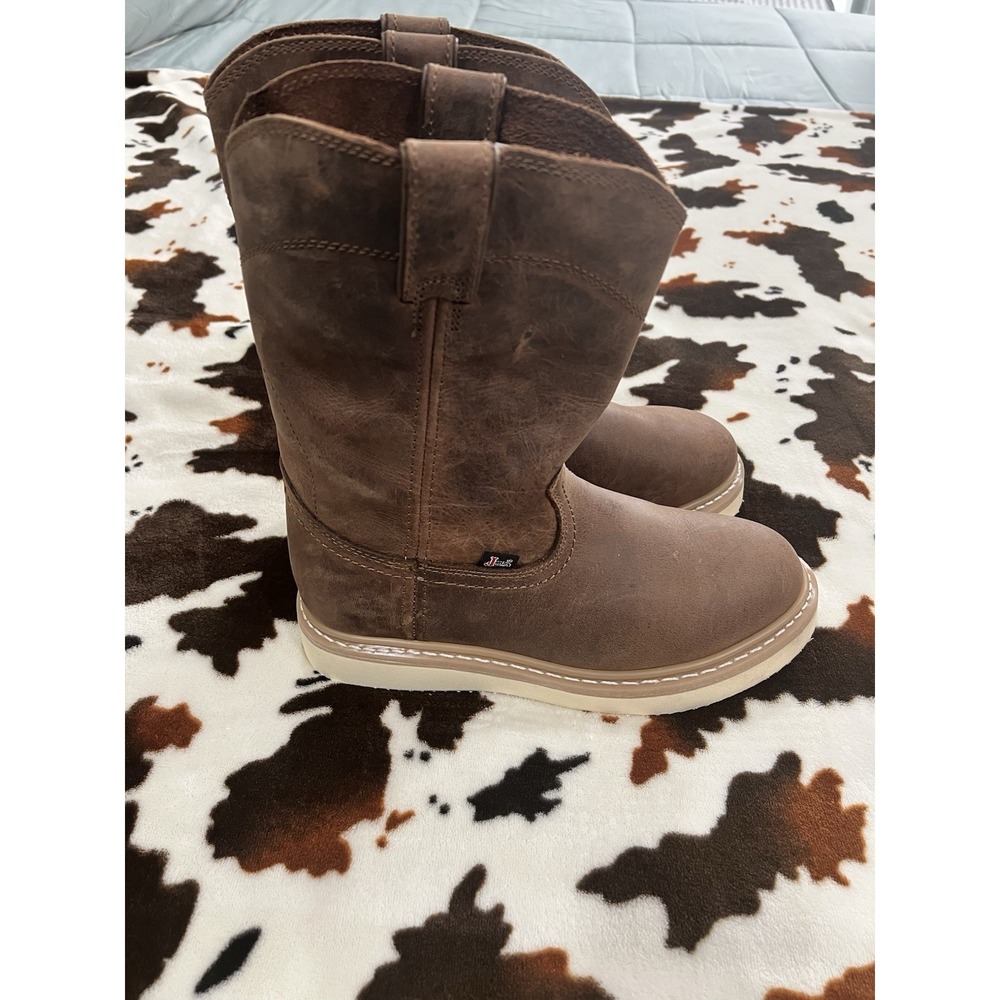JUSTIN MEN's PULL ON WEDGE Ram 10" Work BOOT BROWN LEATHER Size 9D New - Picture 4 of 10